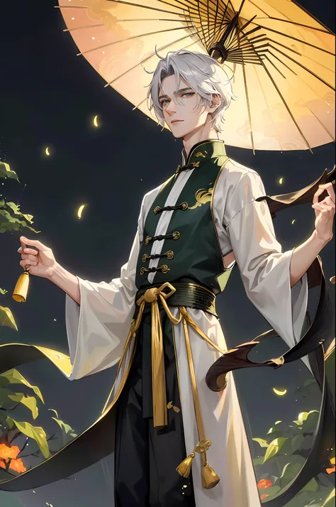 Masterpiece, best, outdoor night full moon lakeside branches, fireflies, 1 mature male, Chinese style, ancient Chinese white short hair, green eyes, handsome, masculine, gentle, tall, calm, black and gold, dragon pattern prince umbrella, exquisite facial f...