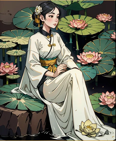An ancient Chinese beauty sits on a stone, wearing ancient Chinese clothes, flowing tulle, light silk, lazy posture, big lotus leaf, lotus flower, ink painting style, clean color, decisive cut, blank space, freehand, Masterpiece, super detailed, epic compo...