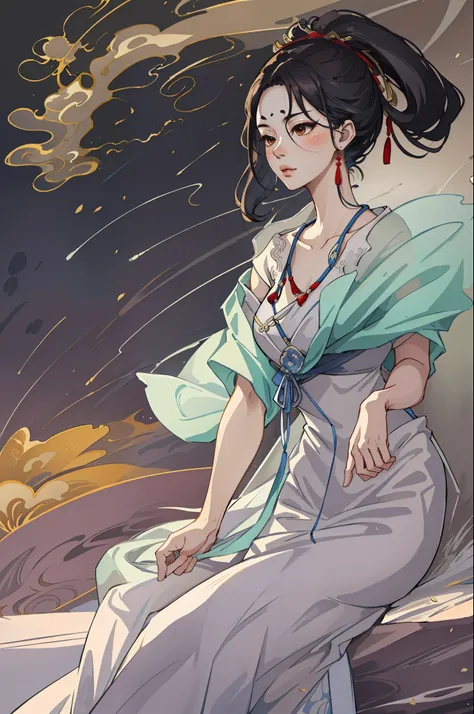Ancient Chinese beauty sitting on stone, wearing ancient Chinese clothes, flowing tulle, light silk, lazy pose, bamboo, pavilion, ink painting style, clean color, decisive cut, blank space, freehand, masterpiece, super Detailed, epic composition, high qual...