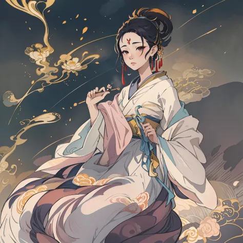 Ancient Chinese beauty sitting on a stone, wearing ancient Chinese clothes, flowing tulle, light silk, plum blossom, heavy snow, ink painting style, clean color, decisive cut, blank space, freehand, masterpiece, super detailed, epic composition, high quali...