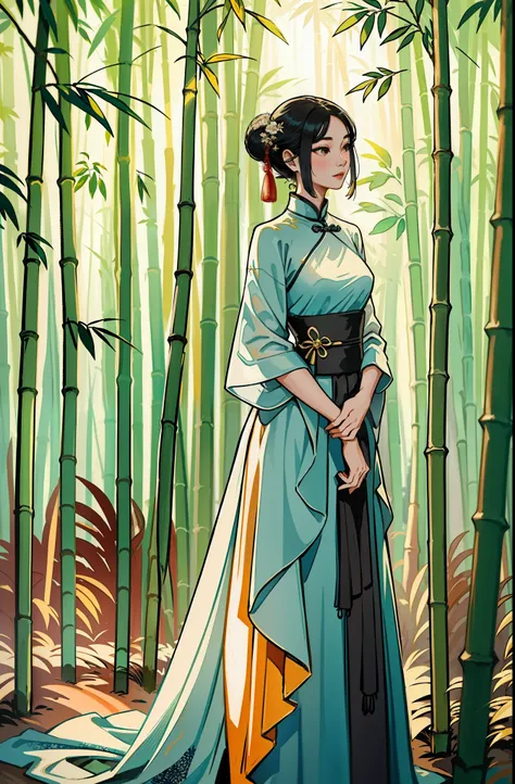 An ancient Chinese beauty standing next to bamboo, wearing ancient Chinese clothes, flowing tulle, drape, bamboo leaves, sunlight, ink painting style, clean color, decisive cut, blank space, freehand, masterpiece, super detailed, epic composition, high qua...