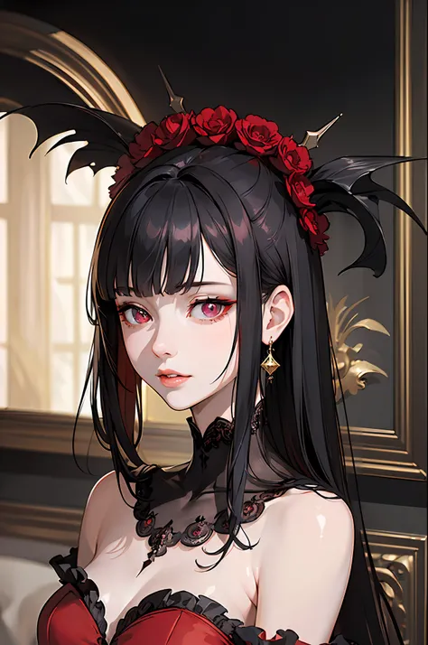 (masterpiece, best quality:1.2), photorealistic, sophisticated, 1 lady, woman, upper body, dark red frilled chiffon dress, delicate face, detailed eyes, sharp pupils, realistic pupils, facelight, real skin, firm skin, ultra detailed, depth of field, black ...
