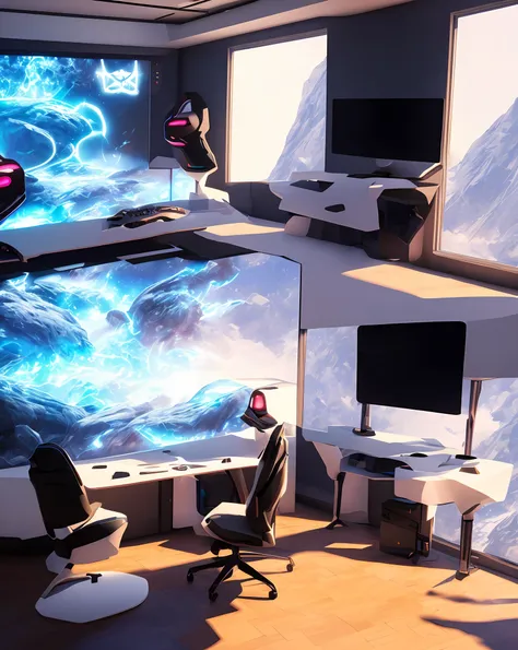 a futuristic gaming room with sleek, minimalistic design, featuring a high-tech gaming setup with multiple monitors, rgb lightin...