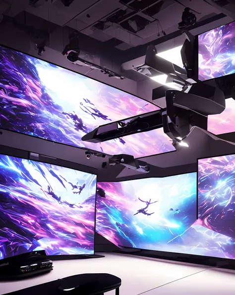 A futuristic gaming room with sleek, minimalistic design, featuring a high-tech gaming setup with multiple monitors, RGB lighting casting vibrant hues throughout the room, ergonomic gaming chair with adjustable controls, and a state-of-the-art virtual real...