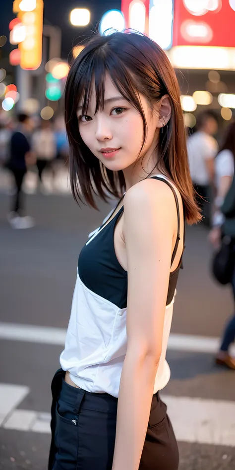 1girl, tokyo street,night, cityscape,city lights,upper body,close-up,smile,, (8k, raw photo, best quality, masterpiece:1.2),(rea...