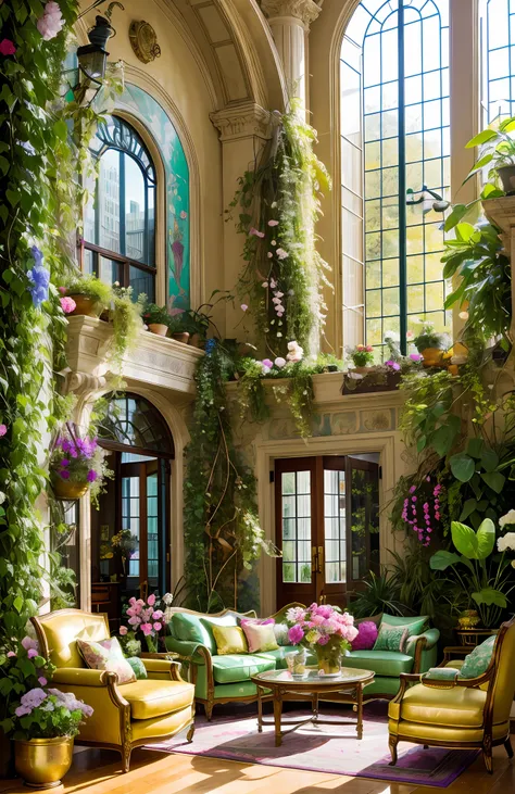 Architectural Digest photo of a maximalist green {vaporwave/steampunk/solarpunk} living room with flowers and plants, golden light, hyperrealistic surrealism, award winning masterpiece with incredible details, epic stunning