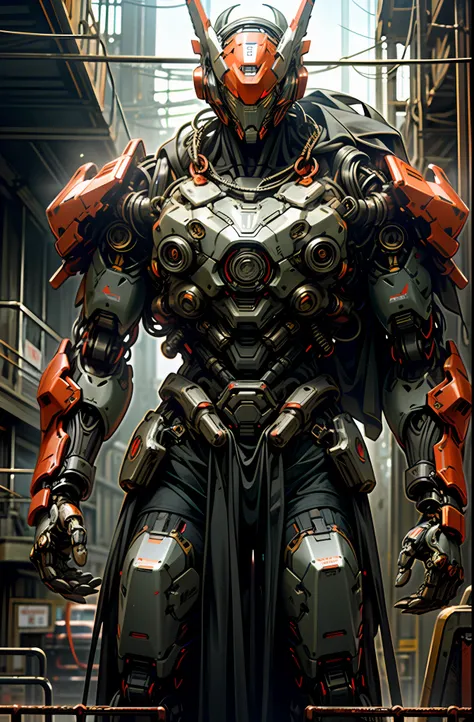 dark_fantasy,cyberpunk,(chain saw,chain saw man,red:1.1),1man,mechanical marvel,robotic presence,cybernetic guardian, wearing a ...