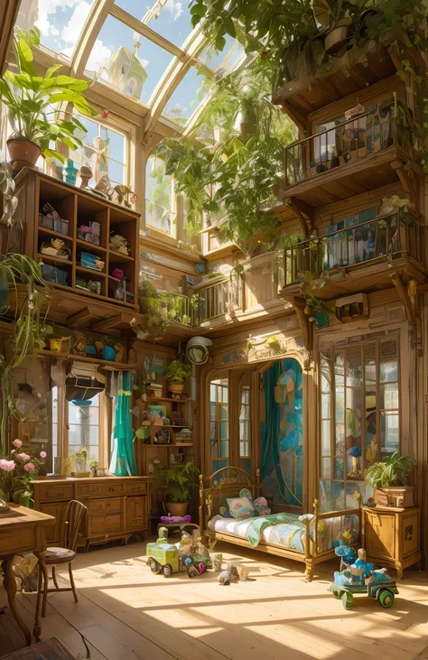 architectural digest photo of a {vaporwave/steampunk/solarpunk} ((child room)) green, with a lot kid toys, with dolls, with a bi...