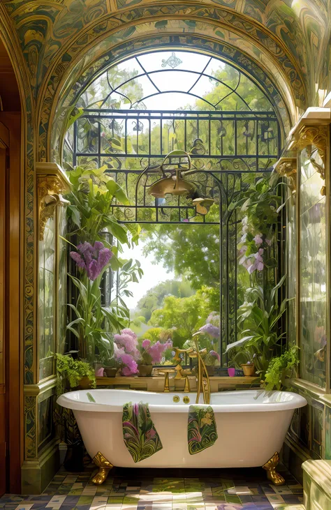 Architectural Digest photo of a maximalist green {vaporwave/steampunk/solarpunk} ((Huge bathroom,with a large bathtub, with a large double sink)) with flowers and plants, golden light, hyperrealistic surrealism, award-winning masterpiece with incredible de...