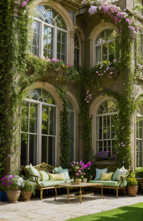 Architectural Digest photo of a maximalist green {vaporwave/steampunk/solarpunk} ((outside of a classic house )) with large arched windows, with flowers and plants, golden light, hyperrealistic surrealism, award-winning masterpiece with incredible detail, ...