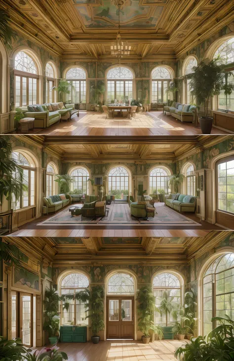 A floor plan of a classic house,of a maximalist green {vaporwave/steampunk/solarpunk} ((with 4 bed room, 1living room, 3 bath rooms, 2 kitchens and an indoor swimming pool )) with flowers and plants, golden light, hyperrealistic surrealism, award-winning m...