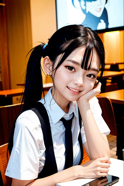 girl, black hair, older sister, tie her hair in a ponytail and laugh at the speaker, high-quality picture, masterpiece, beautifu...