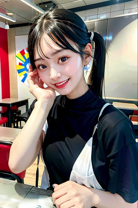 Girl, black hair, older sister, tie her hair in a ponytail and laugh at the speaker, high-quality picture, masterpiece, beautiful girl, cafe,