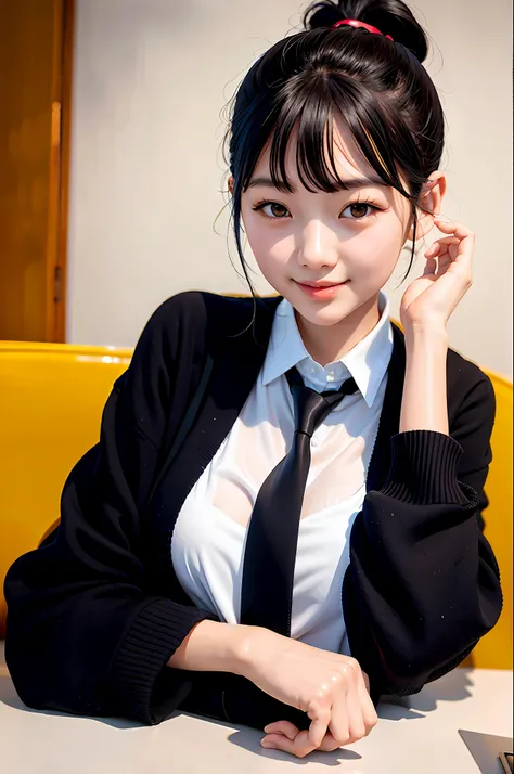 Korean girl, black hair, older sister, tie her hair in a ponytail and smile at the narrator, high-quality picture, masterpiece, beautiful girl, cafe,