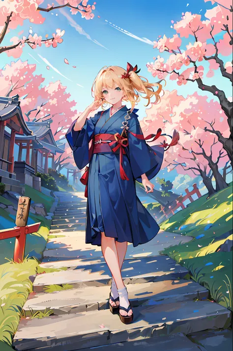 (((masterpiece: 1,5, best quality, high resolution, super resolution, ultra detailed: 1,2, rich background: 1,4))), (close up), (1girl), solo, green eyes, blonde long hair tied with blue ribbon, hair ornament, blunt bangs, smiling, highschool girl, medium ...