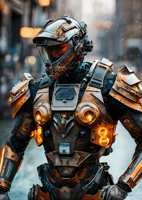 portrait photo of transparent camo worn mech suit, ((light bokeh)), intricate, ((translucent) liquid water [rust]), elegant, sha...