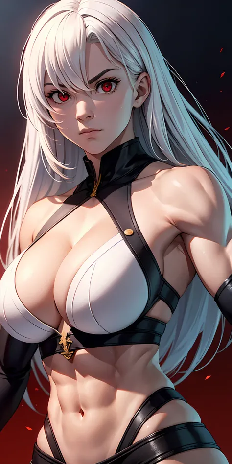 harry potter bodybuilder, pretty face, serious face, white hair, red eyes, perfect body, fit body, abdomen, big breasts, muscular,