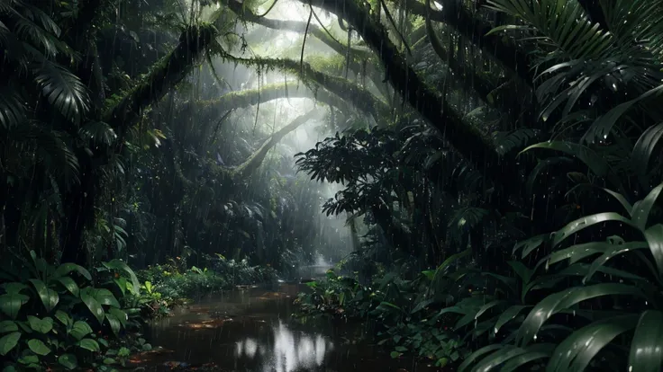 A jungle, with intense rainfall, monochromatic, vines all around, giant and wet trees, masterpiece, best quality, high quality, extremely detailed CG unity 8k wallpaper, oil paiting, award winning photography, Bokeh, Depth of Field, HDR, bloom, Chromatic A...