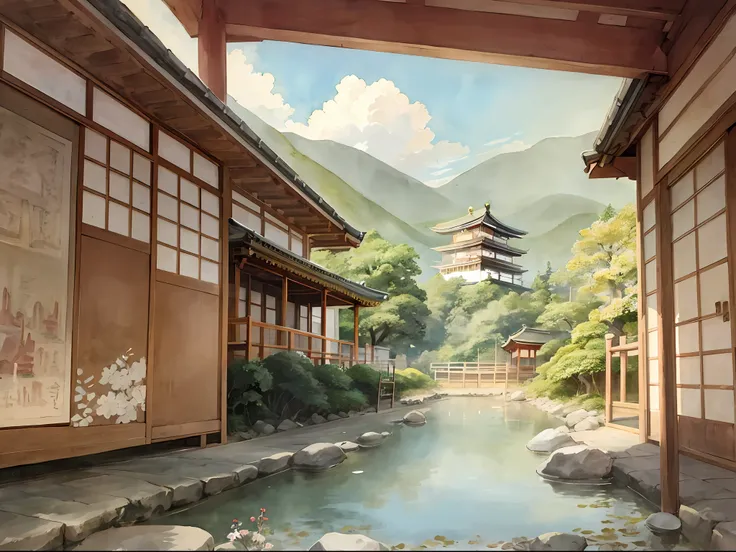 delicate watercolour illustration of traditional  temple in kyoto japan, cozy, beautiful composition, summer afternoon colour sc...