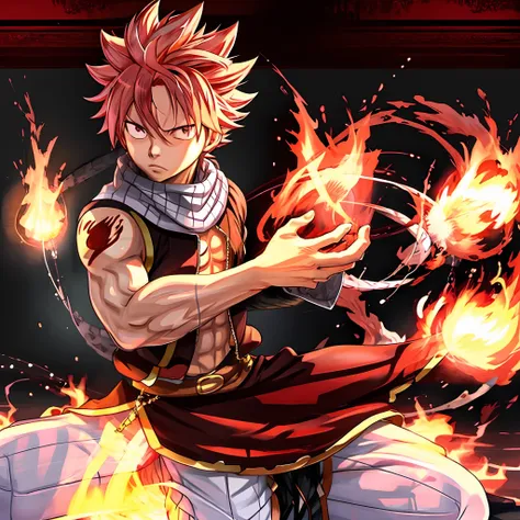 (masterpiece,best quality:1.2),1boy,solo,natsu dragneel, surrounded by flames, character art,8k,64k, hd, unparalleled masterpiec...