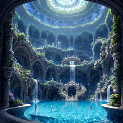 "An incredibly detailed 8K CGI artwork featuring a teenage boy king stands before a magnificent indoor artificial rock formation, surrounded by a grand fantasy swimming pool and the luxurious backdrop of a royal palace. Every intricate detail of the vibran...