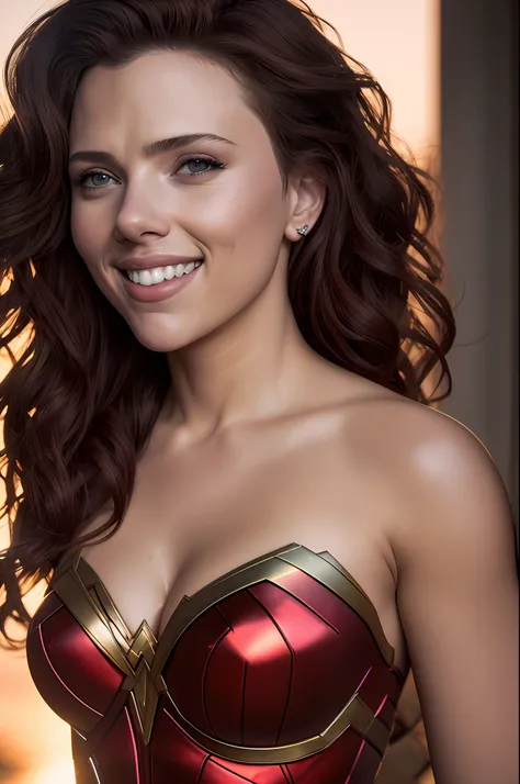 sexy woman Scarlett Johansson in Wonder Woman costume, night, soft lighting, dynamic angle, realistic lighting, smiling, happy, Wonder Woman movie scene background, photo by Brooke DiDonato, (natural skin texture, hyperrealism, soft light , sharp: 1.2), (i...