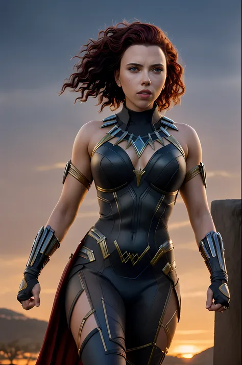 sexy woman scarlett johansson in black panther costume movie wakanda forever, night, soft lighting, dynamic angle, realistic lig...