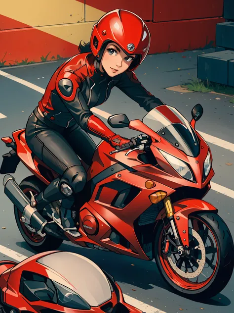 motorcyclist woman posing next to her red motorcycle