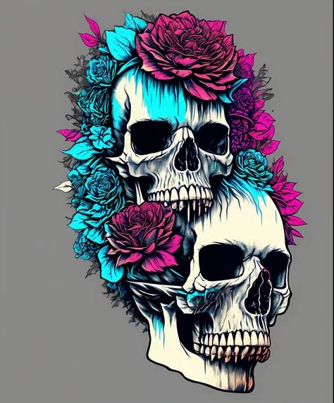 (a portrait of cyberpunk skull with fluid colored l:1), t-shirt logo in tapered thin outline style, orthographic view, artwork i...