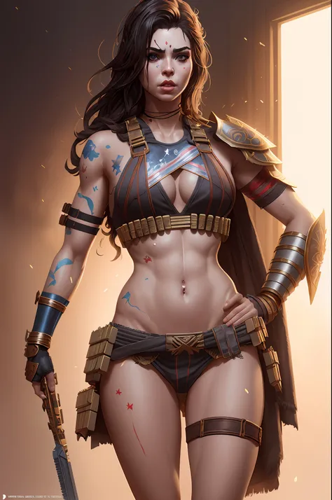 a warrior woman in underwear by sandra chevrier, greg rutkowski and wlop, high key lighting, volumetric light, digital art, highly detailed, fine detail, intricate, ornate, complex, octane render, unreal engine, photorealistic