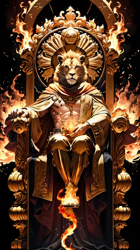 An royale King Lion full boby, background galaxy, magic 3D, full resolution style RTX with flaming eyes sitting on a throne, captured through Photography with a 35mm lens. Inspired by the artistry of National Geographic photographers, the scene portrays th...