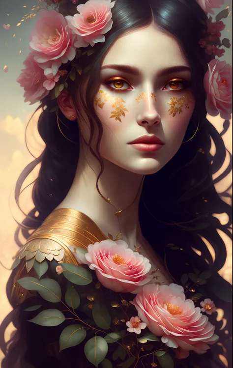 (symmetry: 1.1) (floral portrait: 1.05) a woman like a forest fairy, (assassins creed style: 0.8), pink and gold and opal color ...