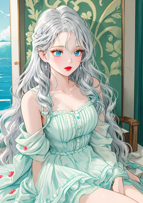 a close-up of a person holding an ice cream cone, sweet girl, woman with wavy silver hair, bangs, light blue eyes, red lips, tender green dress,