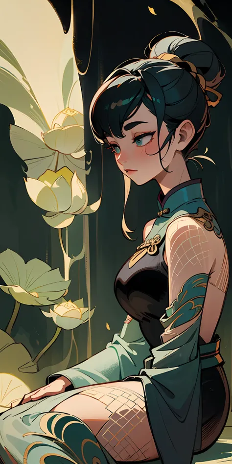 An ancient Chinese beauty sitting on a stone, wearing ancient Chinese clothing, flowing tulle, light silk, lazy posture, large lotus leaf, lotus, ink painting style, clean color, decisive cutting, blank, freehand, masterpiece, super detailed, epic composit...