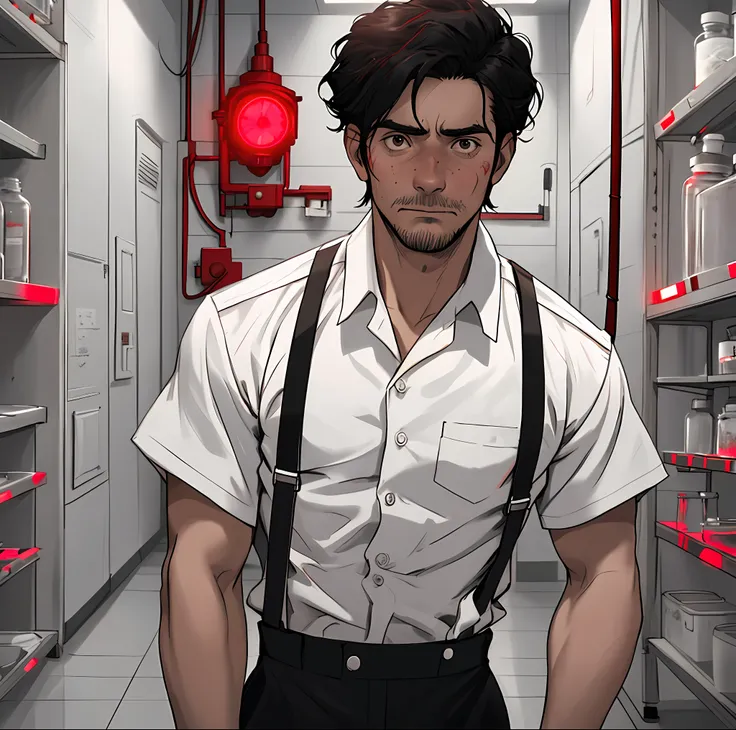 Scared-looking janitor named Rodrigo, wearing a uniform with a white shirt and red suspenders, in a large laboratory with black and white accents, red lights,
