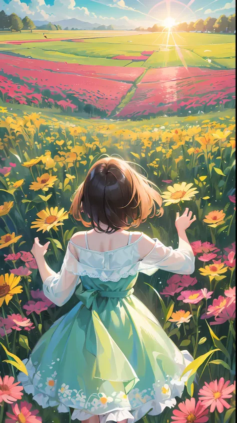 High Detail, Ultra Detail, Ultra High Resolution A cute and innocent girl is enjoying her time in an open field, surrounded by the beauty of nature, with the warm sun shining on her and wild flowers swaying gently in the breeze. Butterflies and birds flutt...