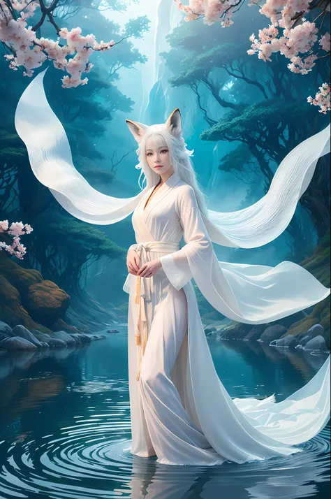 a beautiful and ethereal fox spirit dressed in a flowing white chinese robe. the image captures the fox spirit standing graceful...