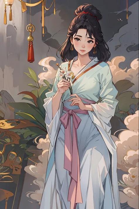 A beautiful girl in ancient China, white long dress, orchid, standing under a tree, sunlight, clear face, masterpiece, super detailed, epic composition, high quality, highest quality, 4k --v 6