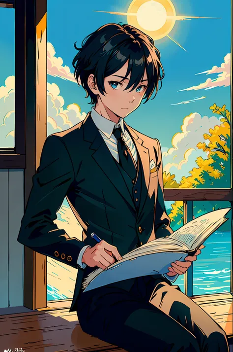 Masterpiece, best quality, (very detailed 8k wallpaper), intricate, high detail, dramatic, 8k, ((masterpiece, super detailed, intricate detail, medium quality, illustration)), boy, solo, high resolution, view Looking at viewer, black hair, short hair, blac...