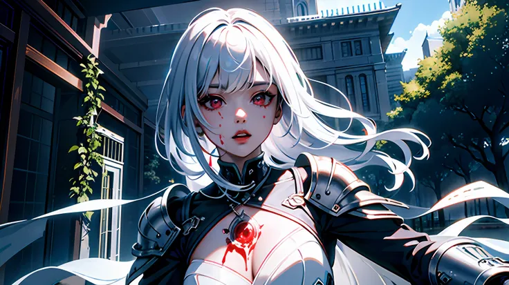 ((masterpiece)), (((best quality))), (((ultra detail))), 8K, ((illustration)), ((semi-realistic)), (reflections), sharp focus, front lighting, intense shadows, (beautiful detailed eyes), eyelashes, (extremely tender and beautiful girl), ((red eye)), silver...