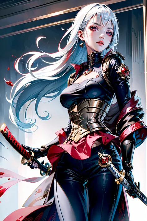 ((masterpiece)), (((best quality))), ((ultra detail)), ((illustration)), ((semi-realistic)), (reflections), sharp focus, front lighting, intense shadows, (beautiful detailed eyes), eyelashes, (extremely delicate and beautiful girl), ((red eye)), silver hai...