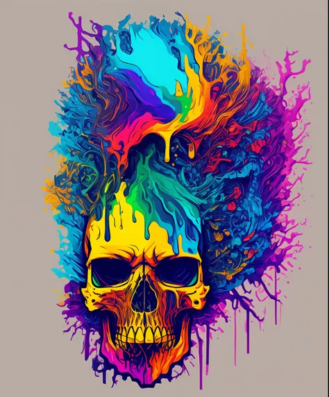 (a portrait of cyberpunk skull with colorful fluid l:1) ,  t-shirt logo in the style of tapered  fine outline,  orthographic-vie...