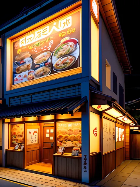 the ramen shop exterior, decorated with various cartoon characters, and easy-to-read menu signs, japan, night view