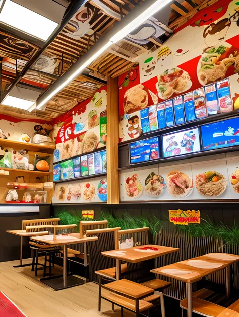 Inside the ramen shop decorated with cartoon characters, and there is a menu in an easily visible spot,