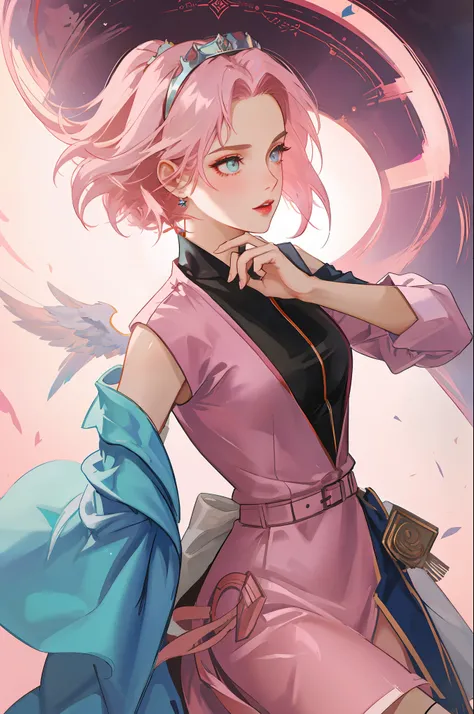 Queen of angels, beautiful woman, seductive, dark, standing, sensual eyes, lilac dress, forehead showing, symbol on forehead, ninja, pink hair, delicate, young, short hair, full body, from League of Legends, trend in artstation, by rhads, andreas Rocha, ro...