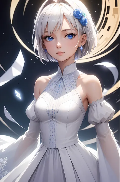 ((((masterpiece, extremely detailed), (realistic eyes, realistic pupils), full moon, factorial, white dress, luminous stars, dig...