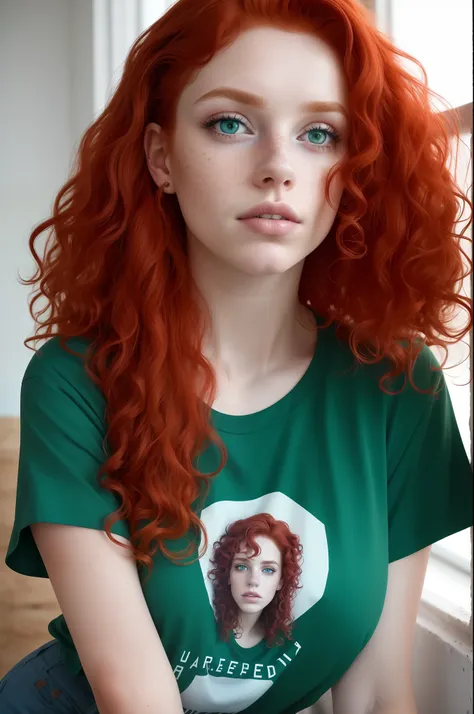 aesthetic artwork, a woman, red hair, blue eyes, curly hair, freckles on both cheeks, full lips, sympathetic look, fair skin, gr...