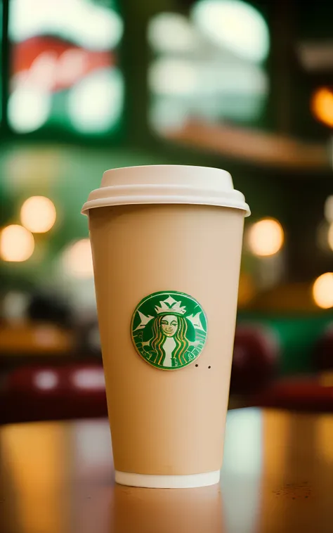 closeup photo of a start bucks coffee cup, kodak vision 3, rustic diner background