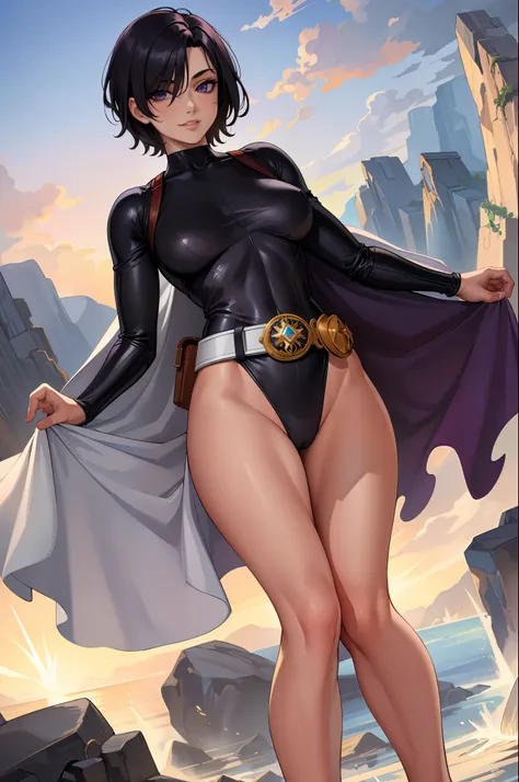 (masterpiece, best quality, high quality, highres:1.4), detailed, extremely detailed, ambient soft lighting, 4K, 1girl, (mature female, milf:1.2), (short hair, black hair, hair over one eye:1.3), (purple eyes, confident smirk:1.2), small breasts, thick thi...