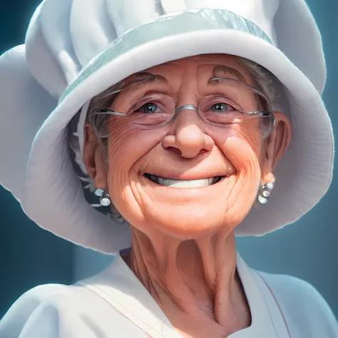 ((best quality)) (detailed) (high resolution and sharpness:1.4) (cute grandma smiling in white cook outfit and hat:1.8), (latin:...